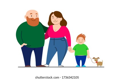 Vector family, dad, mom, son, little dog. Happy overweight family. Fat parents, child, fat dog. Dad is bald with a beard. Modern flat vector image isolated on white background.