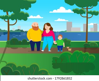 Vector Family, Dad, Mom, Son Are Walking In The Park. Happy Overweight Family. Fat Parents, Fat Child, Son. Dad Is Bald With A Beard. Modern Flat Vector Image.