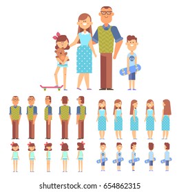 Vector family - dad,mom, son and daughter. Front, side, back view animated characters. Cartoon style, flat vector illustration.