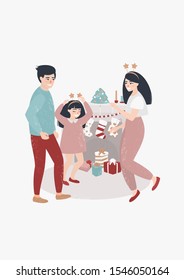 Vector family dancing near the fireplace on Christmas day. Mom, Dad and daughter have fun at home celebrating New Year.