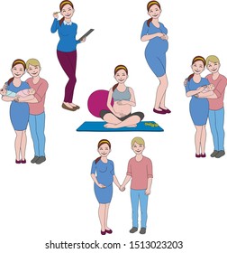 Vector family drawing, happy pregnant woman, children, husband and wife, yoga, happy couple, pregnant business woman at work.