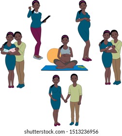 Vector family drawing, happy pregnant woman, children, husband and wife, yoga, happy couple, pregnant business woman at work.