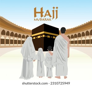 padre de la familia vector madre hijo e hija rezando hajj con ropa de ihrom en mecca hajj mubarak posición atrás del cuerpo frente a kaaba masjidil haram baitullah