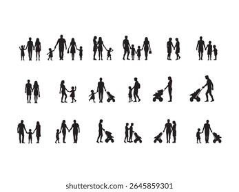 Família Vetor com diversas silhuetas familiares andando e com carrinhos de bebê. Design escalável adequado para vários aplicativos. Formato vetorial escalável adequado para mídia impressa e digital.
