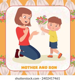 Vector family flashcard. English language game with mother and son. Family flashcards cute cartoon character. Simple educational printable file. Happy mothers day. Mother’s Day 