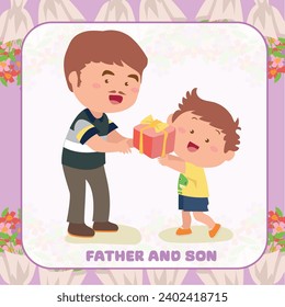 Vector family flashcard. English language game with Father and son. Family flashcards cute cartoon character. Simple educational printable file. Happy fathers day. Happy family