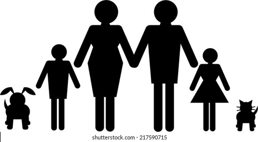 A vector of a family of four with cat and dog in silhouette for use as e design element