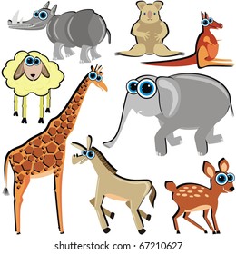Vector Family of Funny Cartoon Animals which Eat Grass Horse Deer Giraffe Elephant Kangaroo Koala Lamb 