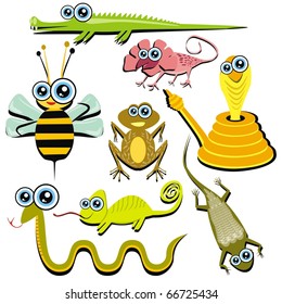 VECTOR - Family of Funny Cartoon Reptile Animals - ( Snake, Chameleon, Cobra, Bee, Crocodile, Frog, Lizard, Gecko)