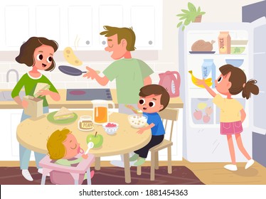 Vector. Family Having Breakfast In The Kitchen. Mother Feeding Kids. Father Cooking Pancakes. Whole Family, All Members Together At Home In The Kitchen In House Interior. Refrigerator,fridge With Food.