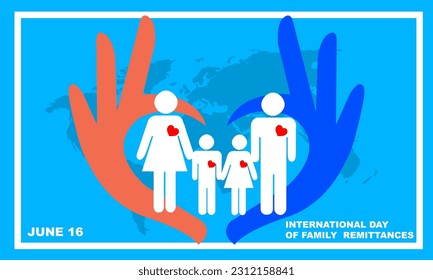 vector of a family with a heart symbol on the chest and a heart shaped hand icon against a globe background commemorating the INTERNATIONAL DAY OF FAMILY REMITTANCES on June 16
