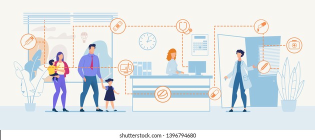 Vector Family in Hospital Doctor and Nurse Receptionist at Register Desk Greeting Welcoming Patients Coming for Consultation Illustration Medicine and Healthcare Advertising Flat Banner Template