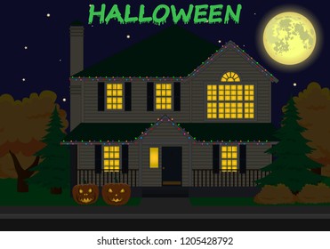 Vector family house. Holiday decorations. Happy halloween day.