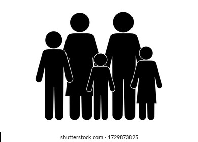 Vector family icon. Parents, baby, mother, father on a white background. Black graphic drawing of people. Vector illustration. Stock Photo.