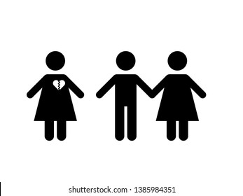Vector family icon in trendy flat style isolated on white. Couple in love and one with broken heart symbol of cheating and not mutual love for your web site design, logo, app, UI. EPS10 illustration.