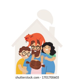 Ilustración Vector Family en estilo plano. Mantén la impresión vectorial en casa. Impresión vectorial de cuarentena. Feliz Día del Padre