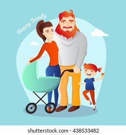 Vector family illustration. Happy parents with daughter and newborn child in the cradle.