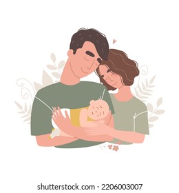 Vector family illustration. Woman and man holding a newborn baby. Mom, dad and child. Portrait of a young smiling family with a newborn in their arms.