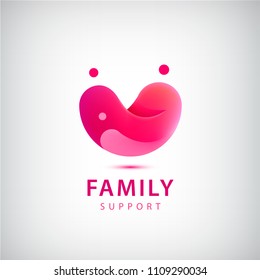 Vector family logo, charity, red heart and people icon isolated. Love, support concept