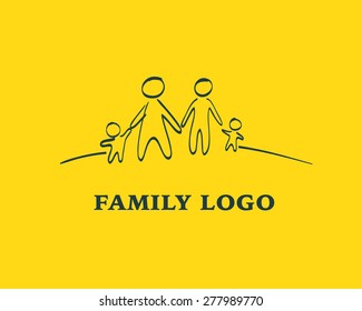 Vector family logo design on yellow background. Hand drawn family icon. Doodle people figures standing on the horizon. Social logo design.