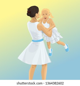 Vector Family. Mother And Daughter Have Fun. Happy family together. Woman Holding Girl In Her Hands