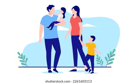 Vector family - Mother and father parents with two kids standing holding the children. Flat design illustration with white background