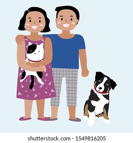 vector of family people and dog, wife and husband walk with their dog in free day