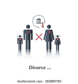 Vector family people icon,pictogram.Concept relationship in family, ?ourt, divorce, crying child, a broken family, heart,over white with text Divorce,in flat stile