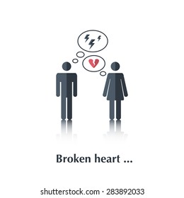 Vector family people icon,pictogram.Concept relationship in family ,leave, divorce , angry,a broken family, heart,over white with text Broken heart,in flat stile