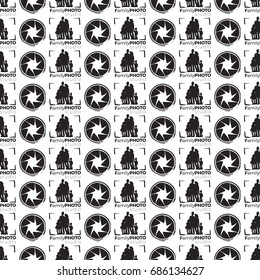 Vector family photo studio and camera shutter logo seamless pattern. Photography hand drawn design elements, signs, logos, identity, labels, badges, branding objects for business. White background.