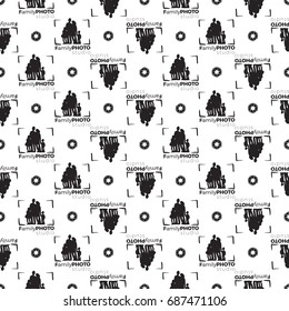Vector family photo studio and camera shutter logo seamless pattern. Photography hand drawn design elements, signs, logos, identity, labels, badges, branding objects for business. White background.