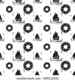 Vector family photo studio and camera shutter logo seamless pattern. Photography hand drawn design elements, signs, logos, identity, labels, badges, branding objects for business. White background.