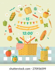 Vector family picnic glade illustration. Food and pastime icons. Flat. Barbecue object,  picnic items. Design of invitation card. Creative banner with flying food. Natural ingredients on tablecloth .