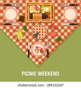 Vector Family Picnic Glade Illustration. Food And Pastime Icons. Flat. Food Object, Picnic Items. Design Of Invitation Card. Creative Holiday Banner . Natural Ingredients On Tablecloth .