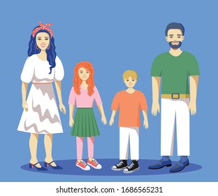 Vector family portrait. Can be used as print, postcard, invitation, greeting card, packaging design, magazine illustration, book illustration, stickers and so on.