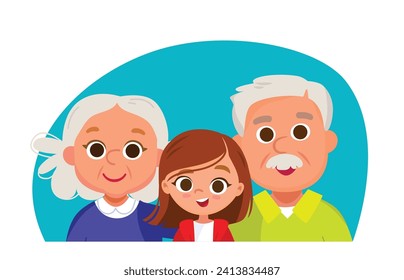 Vector family portrait. Cute girl with grandma and grandpa. Senior couple grandparents with granddaughter. Grandma grandpa and grandson with grandchild. Relatives generations holiday weekend meeting.