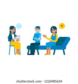 Vector family psychotherapy session concept with adult woman mental therapist, psychiatrist asking questions, listening to angry couple man, woman sitting at couch