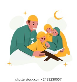 Vector of Family reading quran together in their home
