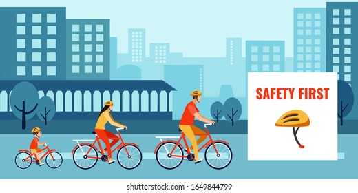 Vector of a family riding bikes, cycling in the city street wearing a safety helmets