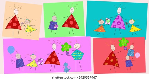 Vector Family set, where children and dad congratulate mom on some kind of holiday. For Mother's Day, Birthday, International Women's Day, Family Day, World Compliments Day, family holidays