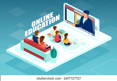 Vector of a family staying at home with children watching a teacher online on a smartphone app explaining a new class topic 