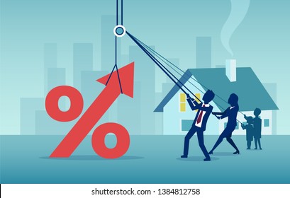 Vector of a family struggling with huge mortgage price tag and interest rate 