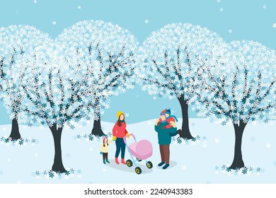 Vector family with two children and a stroller in winter park