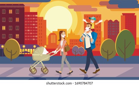 Vector Family Walking with Baby Car at City Sunset. Father Holding Son on his Shoulders. Fun Lifestyle of Cartoon Characters at Cityscape Street. Masked People Due to Spread Coronavirus