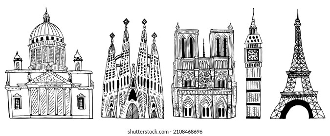 Vector famous architectural. Hand drawn sketch illustration travel set Sagrada Familia,Notre Dame Cathedral,St. Isaac's Cathedral, Big Ben, Eiffel Tower. 