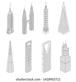 Rascacielos famosos vectores. Isometric line art iconos