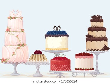 Vector fancy cakes collection over blue background. Cakes are on separate layer