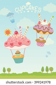 Vector fancy cupcakes decoration design  into balloons flying in the sky.Park background.