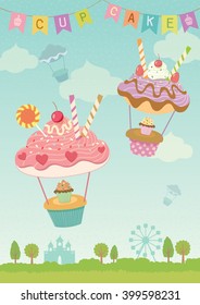 Vector fancy cupcakes design into balloons flying in the sky decoration with party flags.Theme park background.