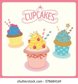 Vector of fancy cupcakes for party  in princess theme.Isolated objects pastel color.